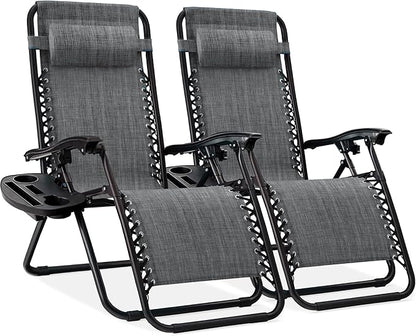 Best Choice Products Set of 2 Adjustable Steel Mesh Zero Gravity Lounge Chair Recliners w/Pillows and Cup Holder Trays - Black