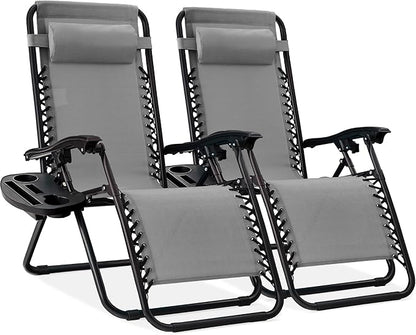 Best Choice Products Set of 2 Adjustable Steel Mesh Zero Gravity Lounge Chair Recliners w/Pillows and Cup Holder Trays - Black