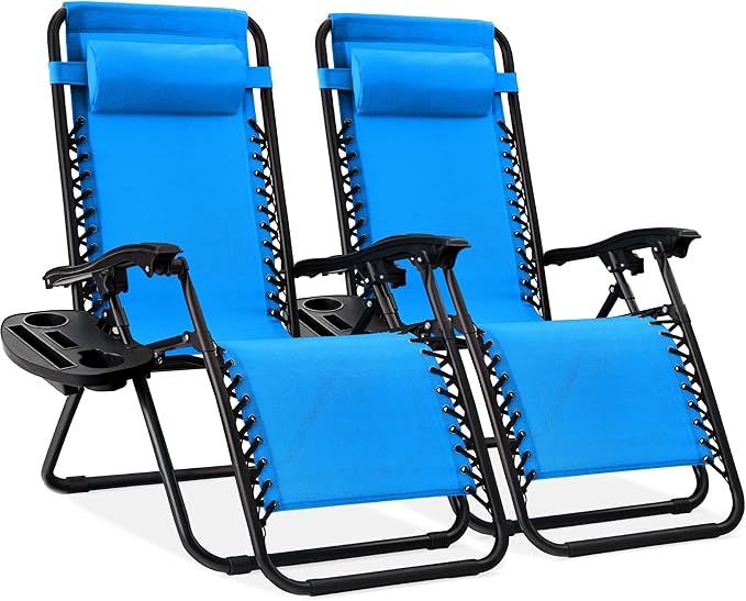Best Choice Products Set of 2 Adjustable Steel Mesh Zero Gravity Lounge Chair Recliners w/Pillows and Cup Holder Trays - Black