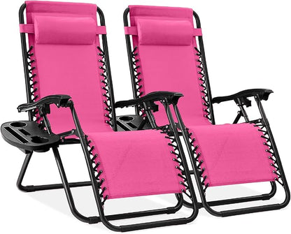 Best Choice Products Set of 2 Adjustable Steel Mesh Zero Gravity Lounge Chair Recliners w/Pillows and Cup Holder Trays - Black