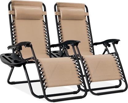 Best Choice Products Set of 2 Adjustable Steel Mesh Zero Gravity Lounge Chair Recliners w/Pillows and Cup Holder Trays - Black