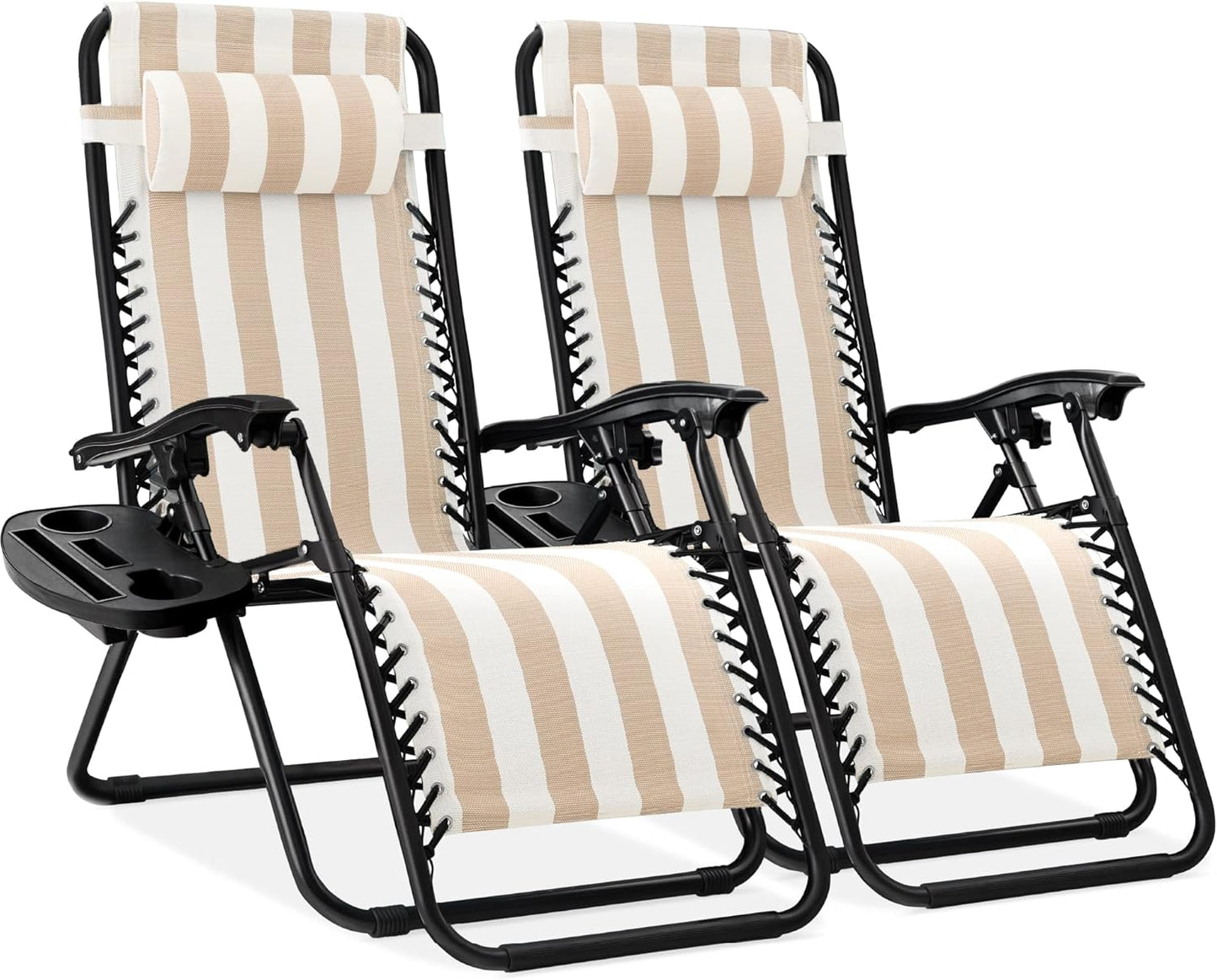 Best Choice Products Set of 2 Adjustable Steel Mesh Zero Gravity Lounge Chair Recliners w/Pillows and Cup Holder Trays - Black