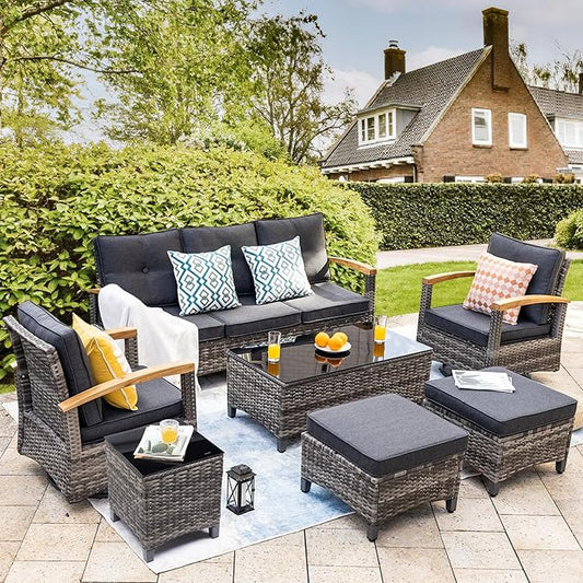 7 Pieces Patio Furniture Sets,PE Wicker Outdoor Conversation Sets with 2 Wood Armrests Swivel Rocker Chairs, 2 Ottoman, 3-seat Sofa and Coffee Table(Grey)