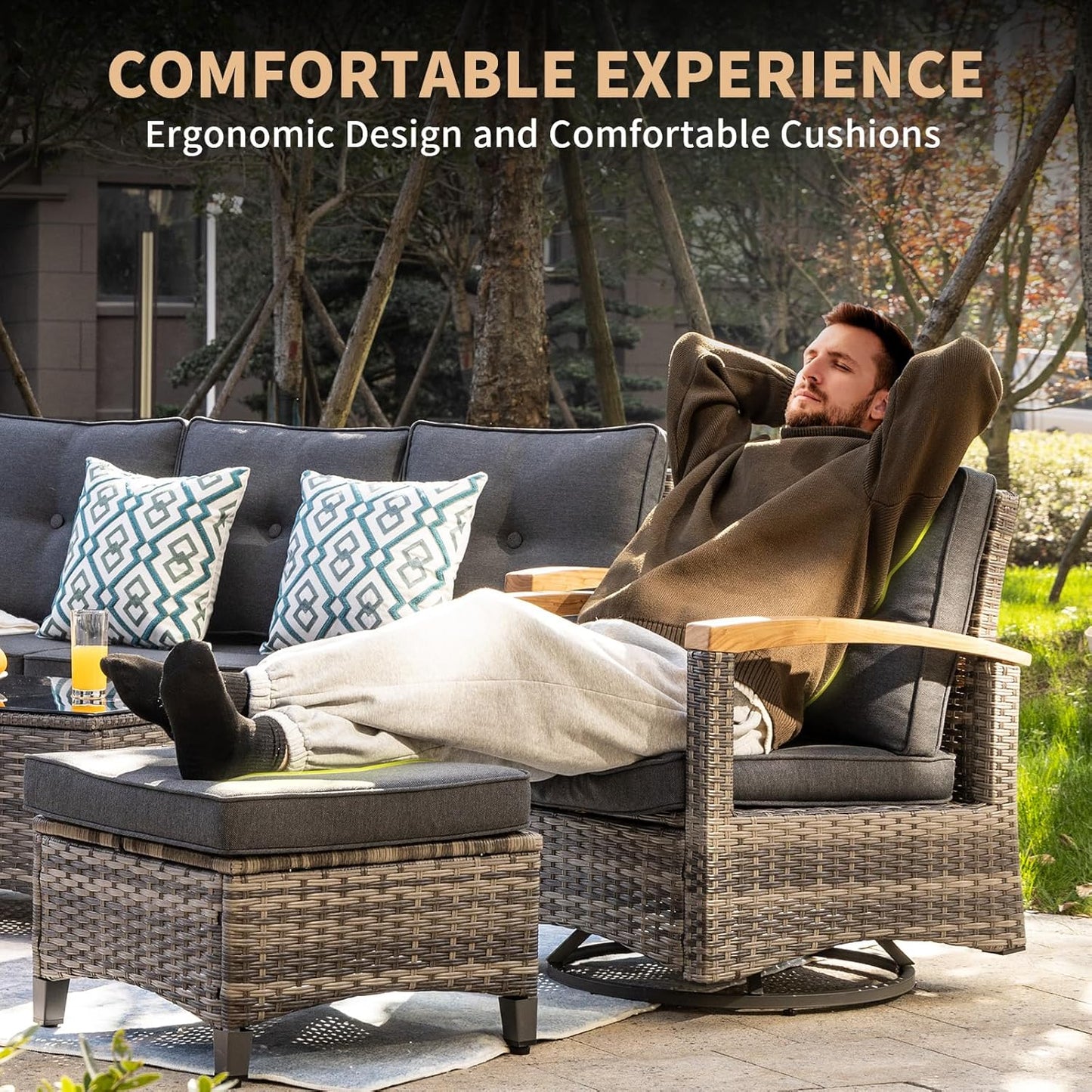7 Pieces Patio Furniture Sets,PE Wicker Outdoor Conversation Sets with 2 Wood Armrests Swivel Rocker Chairs, 2 Ottoman, 3-seat Sofa and Coffee Table(Grey)