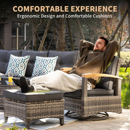 7 Pieces Patio Furniture Sets,PE Wicker Outdoor Conversation Sets with 2 Wood Armrests Swivel Rocker Chairs, 2 Ottoman, 3-seat Sofa and Coffee Table(Grey)