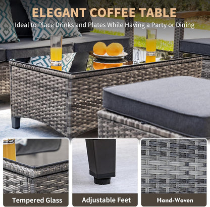 7 Pieces Patio Furniture Sets,PE Wicker Outdoor Conversation Sets with 2 Wood Armrests Swivel Rocker Chairs, 2 Ottoman, 3-seat Sofa and Coffee Table(Grey)