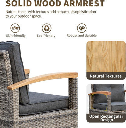 7 Pieces Patio Furniture Sets,PE Wicker Outdoor Conversation Sets with 2 Wood Armrests Swivel Rocker Chairs, 2 Ottoman, 3-seat Sofa and Coffee Table(Grey)