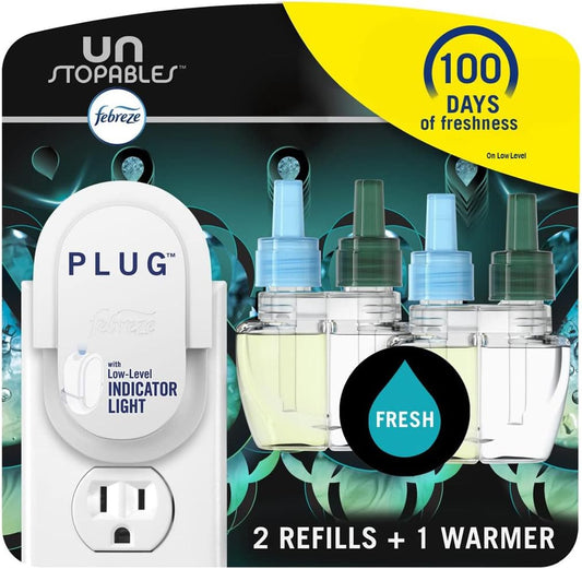 Febreze Plug In Air Freshener, Odor-Fighting Scented Oil Starter Kit, Air Fresheners for Home and Bathroom and Kitchen, Long Lasting for Strong Odors, UnStopables Fresh Scent, Warmer + 2 Refill