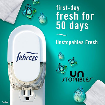 Febreze Plug In Air Freshener, Odor-Fighting Scented Oil Starter Kit, Air Fresheners for Home and Bathroom and Kitchen, Long Lasting for Strong Odors, UnStopables Fresh Scent, Warmer + 2 Refill