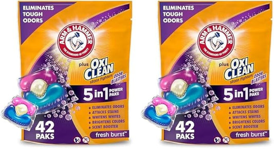 Arm & Hammer Plus OxiClean With Odor Blasters Laundry Detergent 5-IN-1 Power Paks, 42CT (Packaging may vary) (Pack of 2)