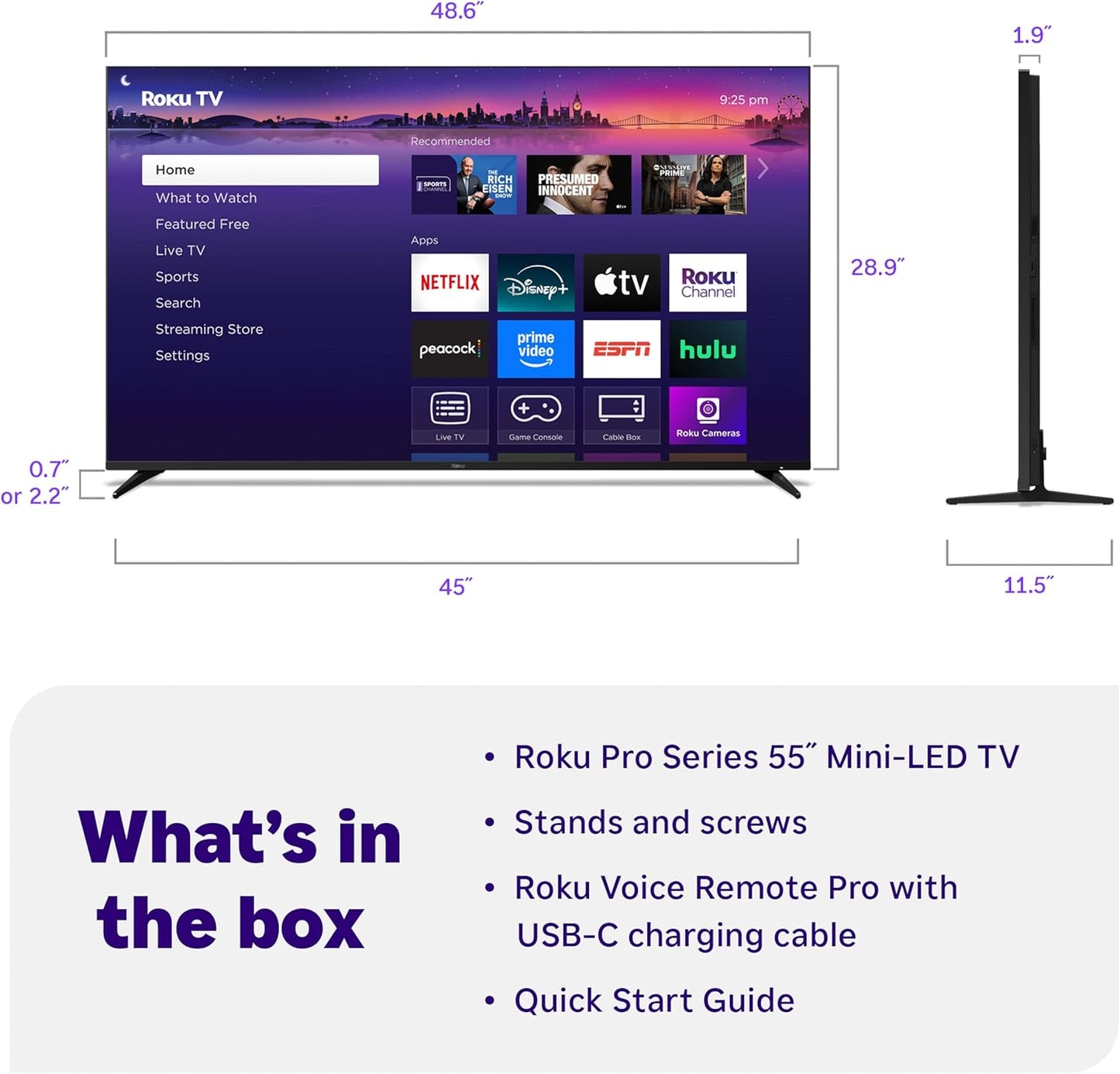 Roku Smart TV 2025 – 55-Inch Pro Series, Mini-LED TV – RokuTV with Backlit Voice Remote Pro – Flat Screen 4K QLED Television with 120Hz Refresh Rate & Dolby Vision IQ, Live News, Sports, Entertainment
