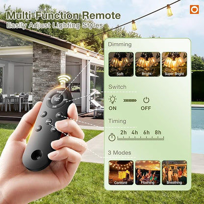 (48+6) FT Solar String Lights Waterproof,Patio Lights Solar Powered with Remote & USB Port 15+1 LED Shatterproof Bulbs 3 Light Modes, Dimmable Solar Light for Camping Backyard Garden