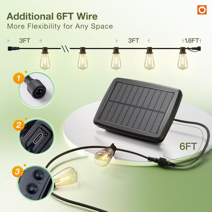 (48+6) FT Solar String Lights Waterproof,Patio Lights Solar Powered with Remote & USB Port 15+1 LED Shatterproof Bulbs 3 Light Modes, Dimmable Solar Light for Camping Backyard Garden