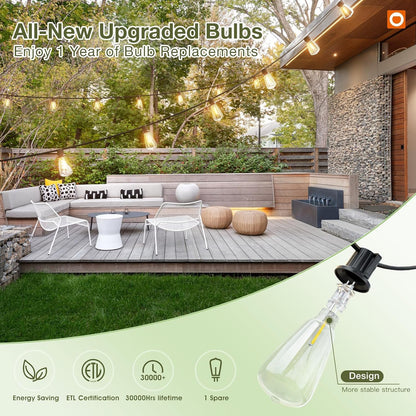 (48+6) FT Solar String Lights Waterproof,Patio Lights Solar Powered with Remote & USB Port 15+1 LED Shatterproof Bulbs 3 Light Modes, Dimmable Solar Light for Camping Backyard Garden