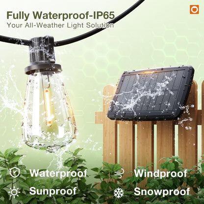 (48+6) FT Solar String Lights Waterproof,Patio Lights Solar Powered with Remote & USB Port 15+1 LED Shatterproof Bulbs 3 Light Modes, Dimmable Solar Light for Camping Backyard Garden