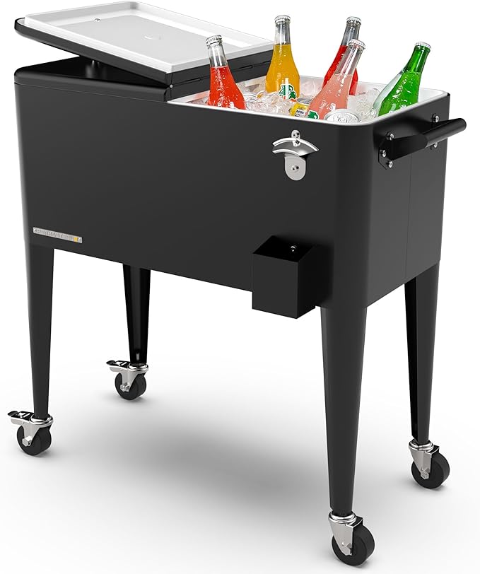 80-Qt Classic Outdoor Patio Cooler for Outside, Beverage Bar Cart With Wheels & Handles, Retro Design