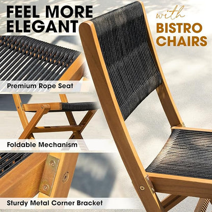 Wood Rope Design Heavy Duty 400lbs Capacity Patio Bistro Set 3 Piece Outdoor, Black
