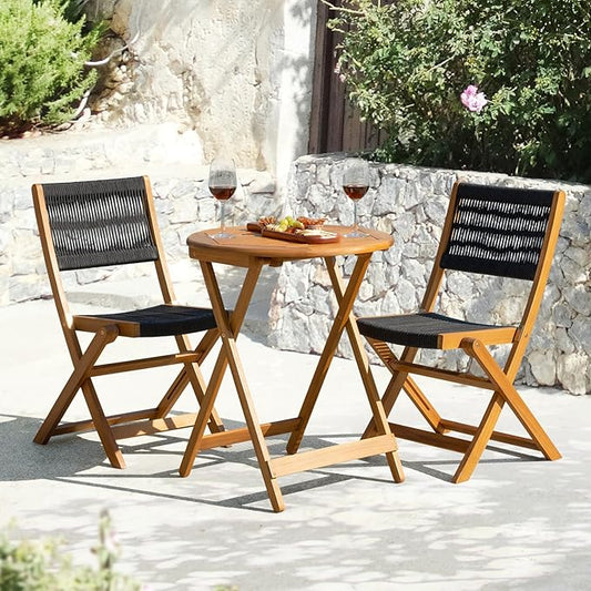 Wood Rope Design Heavy Duty 400lbs Capacity Patio Bistro Set 3 Piece Outdoor, Black