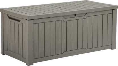 120 Gallon Resin Deck Box, Weather Resistant Outdoor Storage Box for Patio Pillow, Garden Tools, Pool Supplies, Lockable, Easy Assembly, Extra Seat or Table with Cushion (Black)