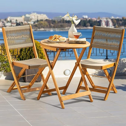 Wood Rope Design Heavy Duty 400lbs Capacity Patio Bistro Set 3 Piece Outdoor, Folding Chairs with Elegant