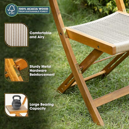 Wood Rope Design Heavy Duty 400lbs Capacity Patio Bistro Set 3 Piece Outdoor, Folding Chairs with Elegant
