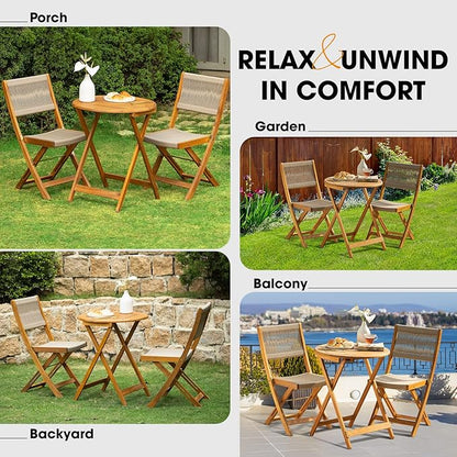 Wood Rope Design Heavy Duty 400lbs Capacity Patio Bistro Set 3 Piece Outdoor, Folding Chairs with Elegant