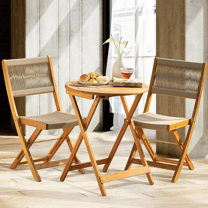 Wood Rope Design Heavy Duty 400lbs Capacity Patio Bistro Set 3 Piece Outdoor, Folding Chairs with Elegant