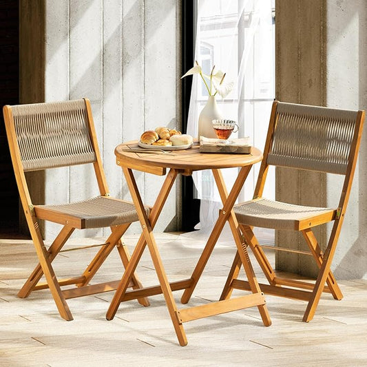 Wood Rope Design Heavy Duty 400lbs Capacity Patio Bistro Set 3 Piece Outdoor, Folding Chairs with Elegant